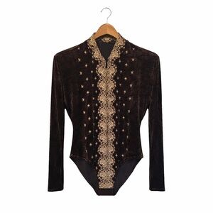 Sagaie Paris velvet bodysuit strachy brown gold color embroidery size small